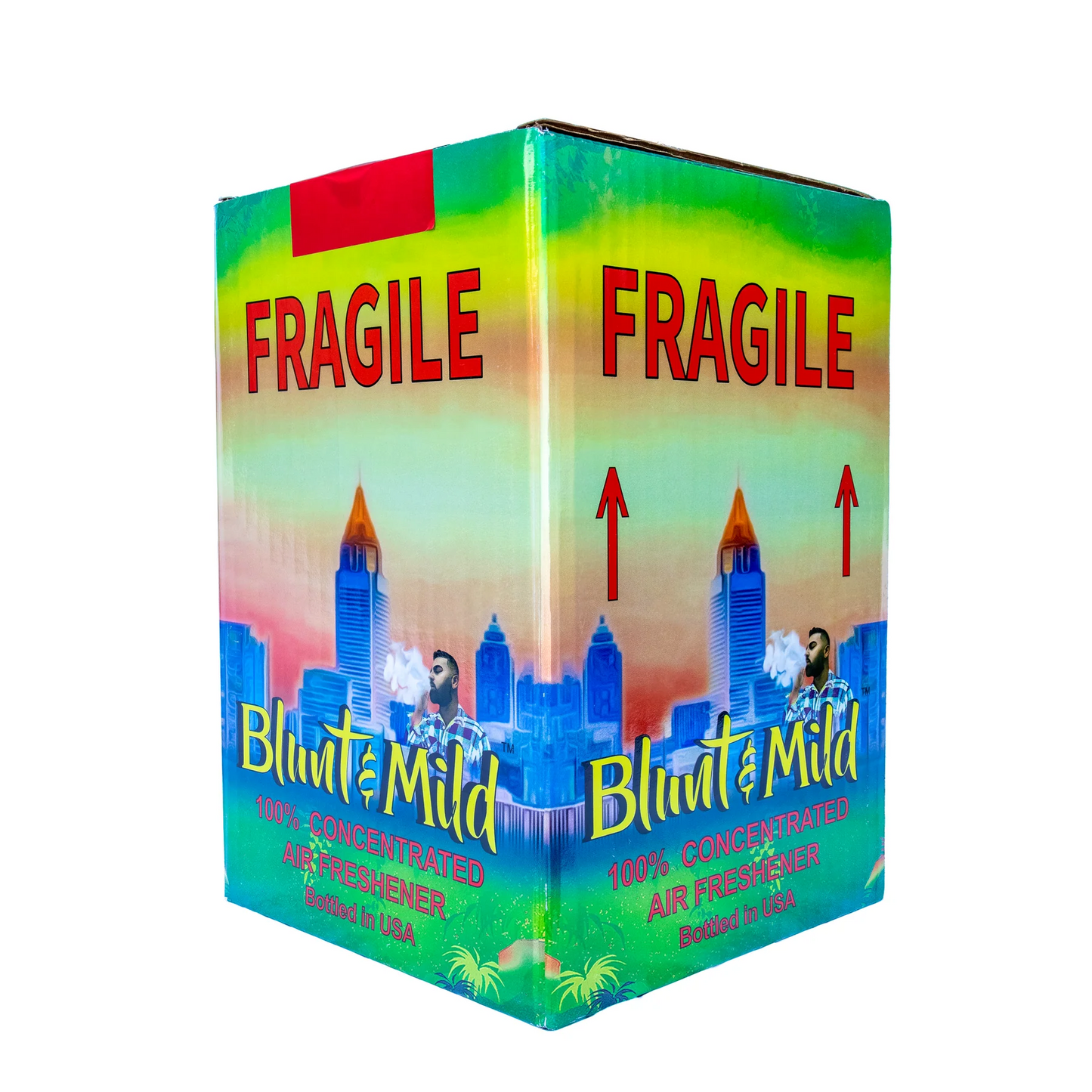 Box of Blunt & Mild air freshener with colorful design and 'Fragile' label.