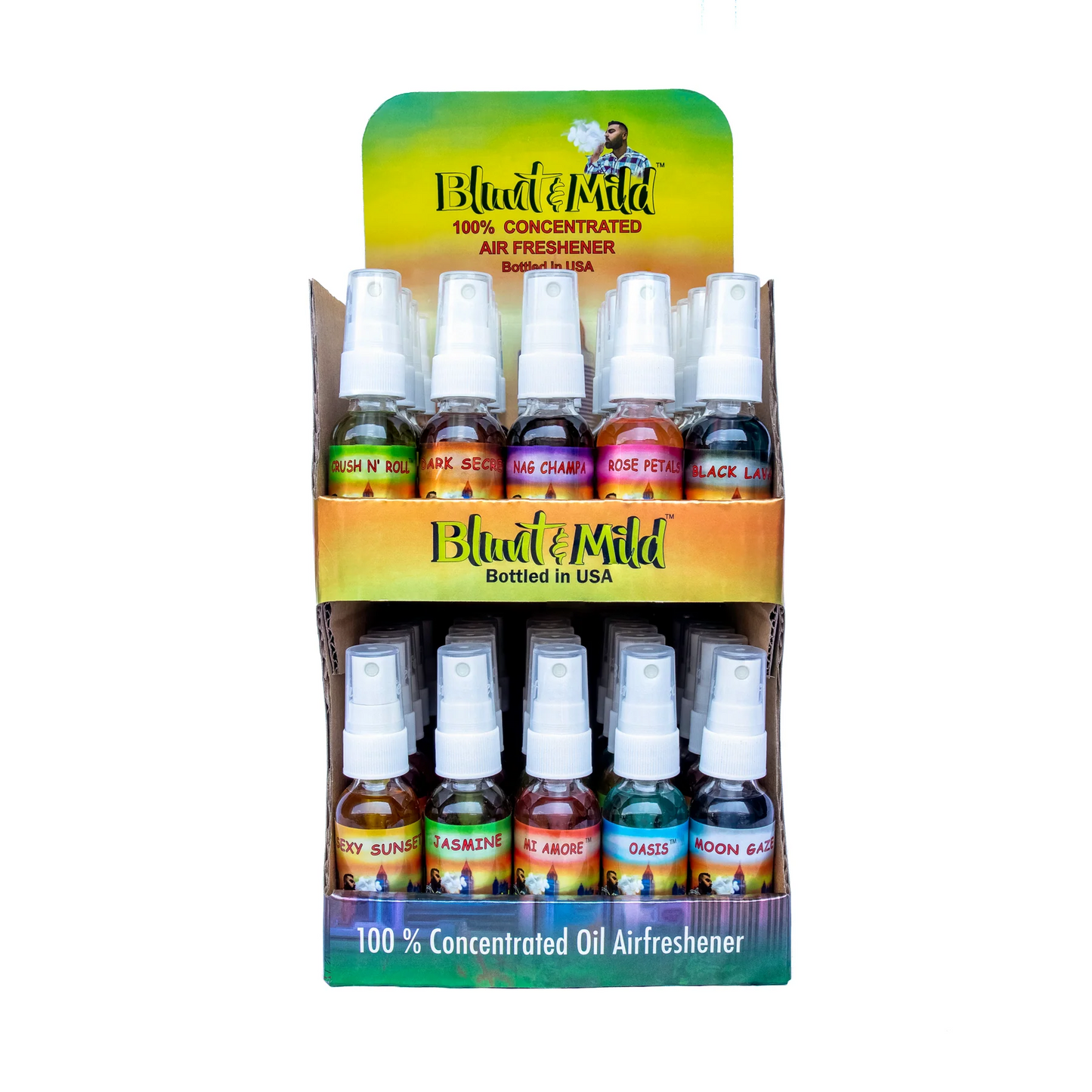Display of Blunt & Mild air freshener bottles with colorful labels on a white background