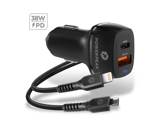 Dual Port PD Car Charger w/USB-C to Lighting 4ft Cable