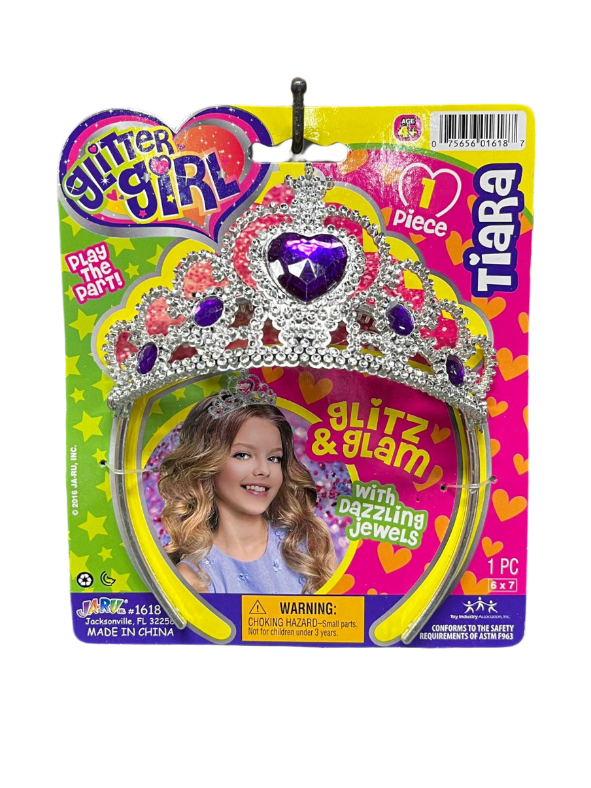 Glitter Girl tiara packaging with a child model