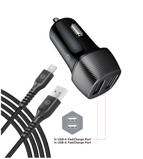 Rapid Vehicle Dual Port Charger with 4ft. Braided Lightning Cable
