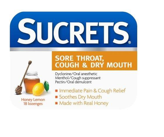Sucrets Honey Lemon 18ct, 3bx Sore Throat & Cough Lozenges
