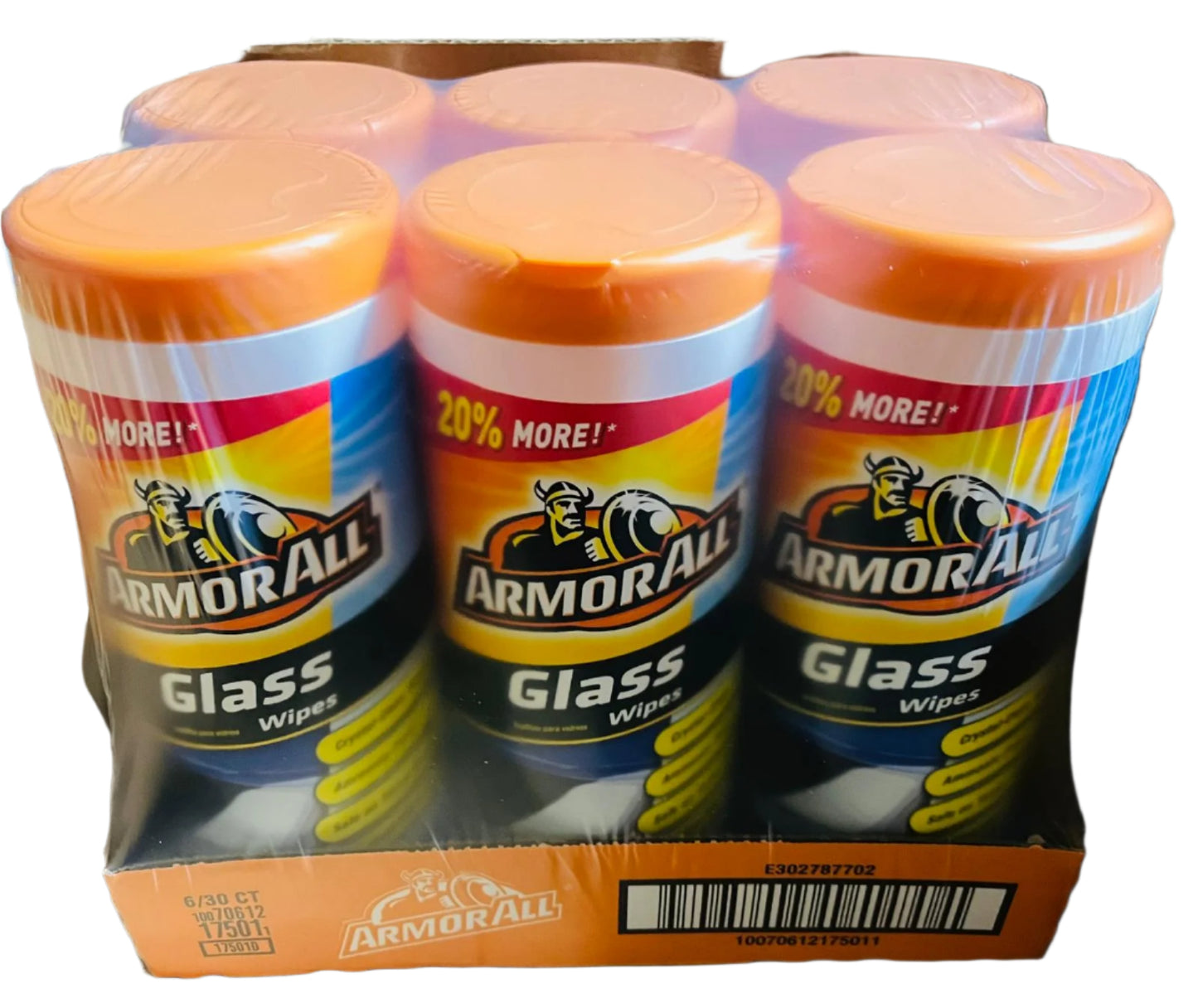 A box of Armor All Glass Wipes with individual wipe packets visible. The packaging is primarily orange and white with the product name and branding prominently displayed.