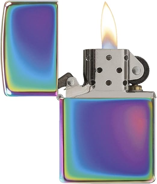 Iridescent lighter with a lit flame on a white background