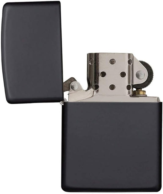 Black Zippo lighter with open lid on a white background