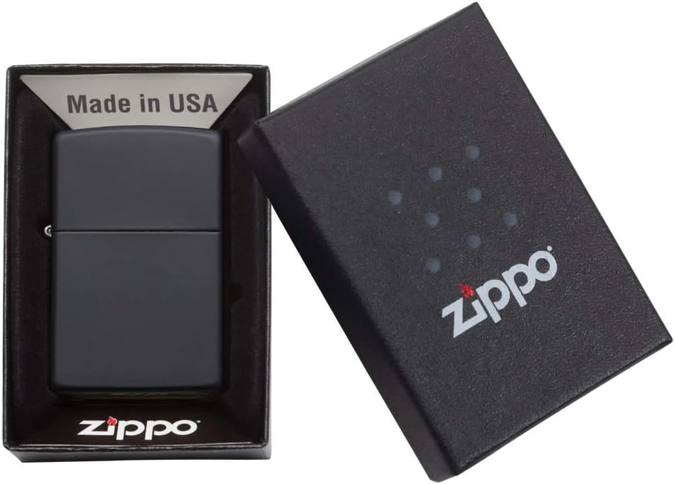 Black Zippo lighter in open box with Zippo branding