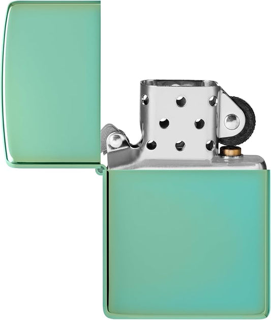 Mint green Zippo lighter with a metallic finish on a white background