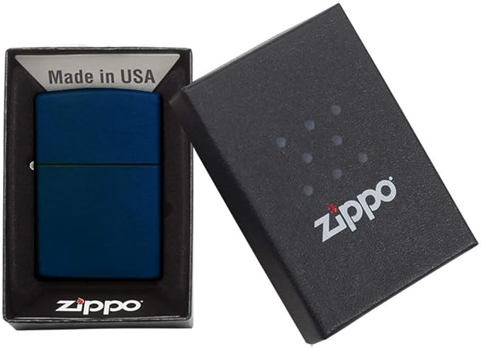 navy Zippo lighter in a black box with 'Made in USA' text