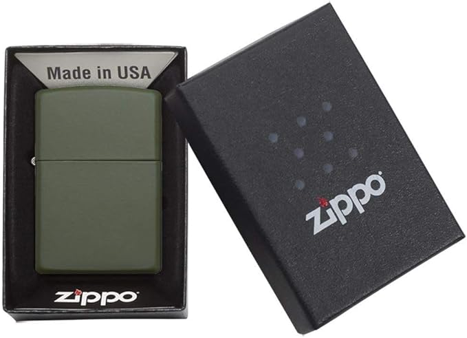 Zippo green lighter in a black box with Zippo branding
