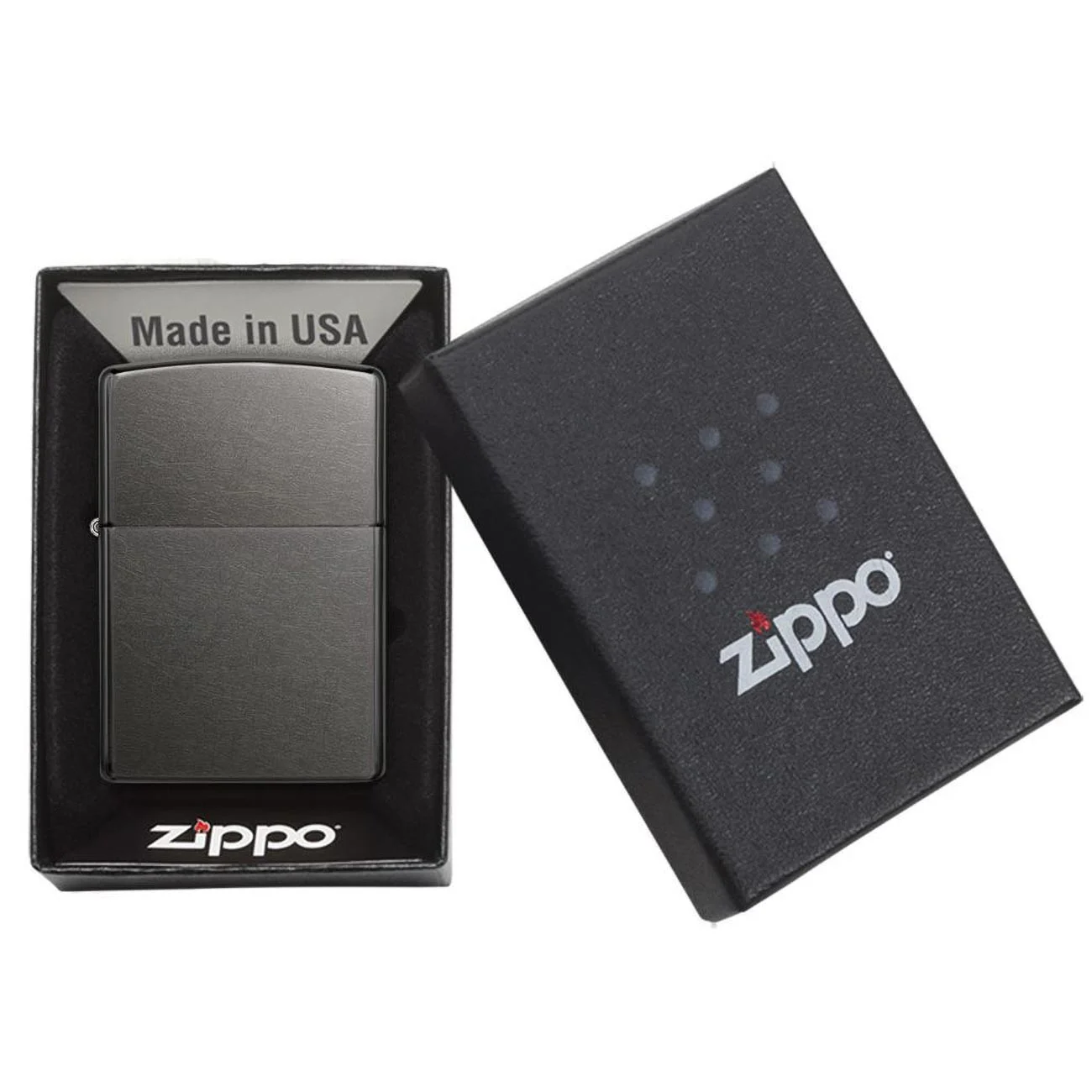 Zippo lighter in packaging with Zippo logo visible