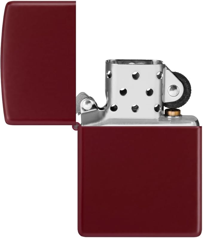 Maroon Zippo lighter with open lid showing metal mechanism on a white background