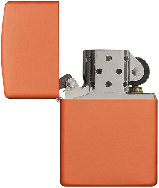 Orange Zippo lighter with a metallic finish on a white background