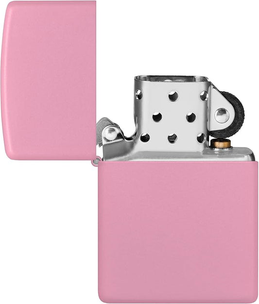 Pink Zippo lighter with open lid on a white background