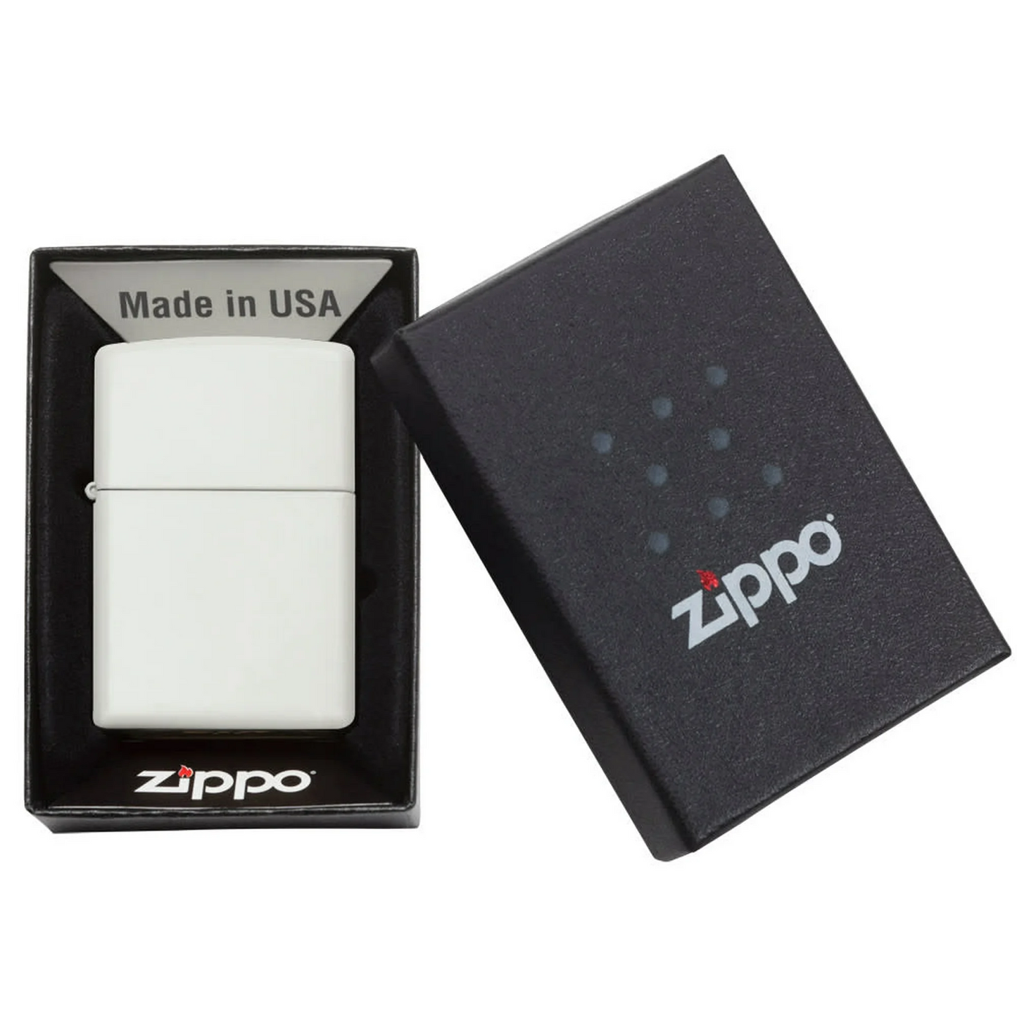 White Zippo lighter in a black box with Zippo branding on a white background
