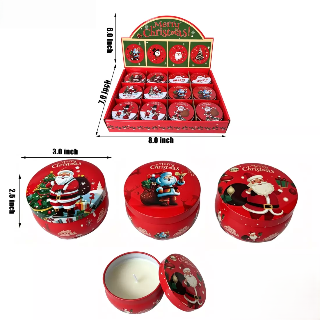 Christmas Themed Scented Tin Can Candles 12/Display