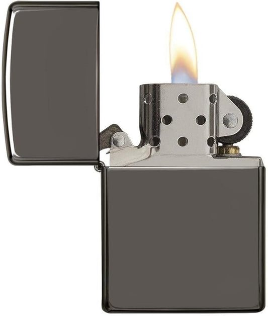 Zippo lighter with a lit flame on a white background