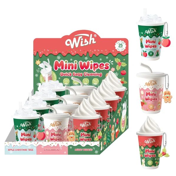 Wish Mini Holiday Cleaning hand Wipes with Charms Keychain 12/display