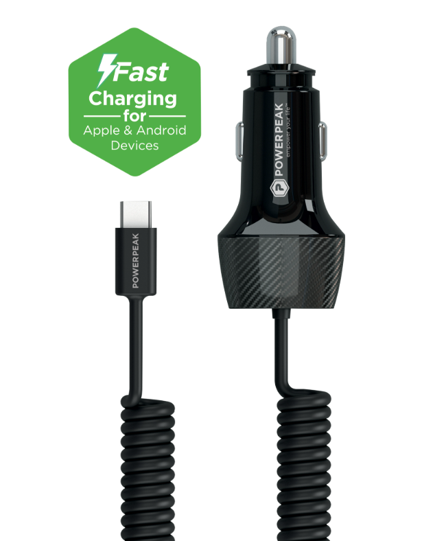 30w PD Coiled Car Charger w/attached USB-C 4ft Cable