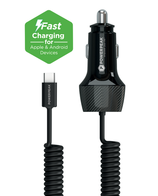 30w PD Coiled Car Charger w/attached USB-C 4ft Cable
