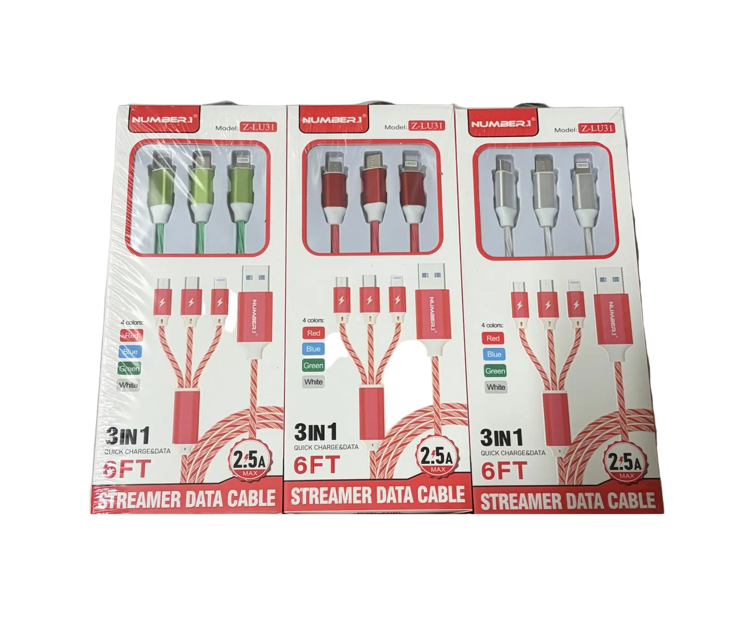 3 in 1 Light Up Cables Asst Colors 6ft 12/bx