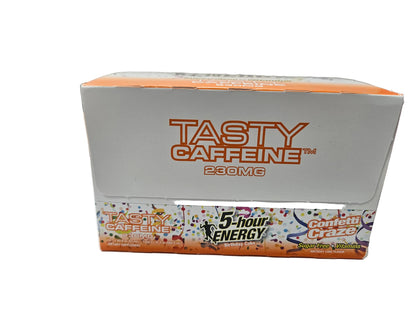 Box of Tasty Caffeine 230MC with 5-Hour Energy branding on a white surface.