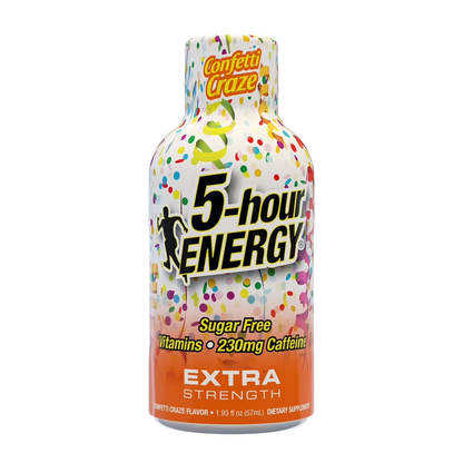 5-hour ENERGY Extra Strength bottle with colorful label on a white background