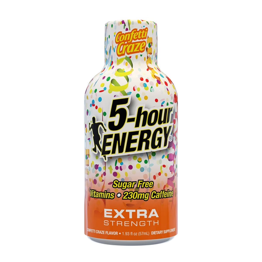 5-hour ENERGY Extra Strength bottle with colorful label on a white background