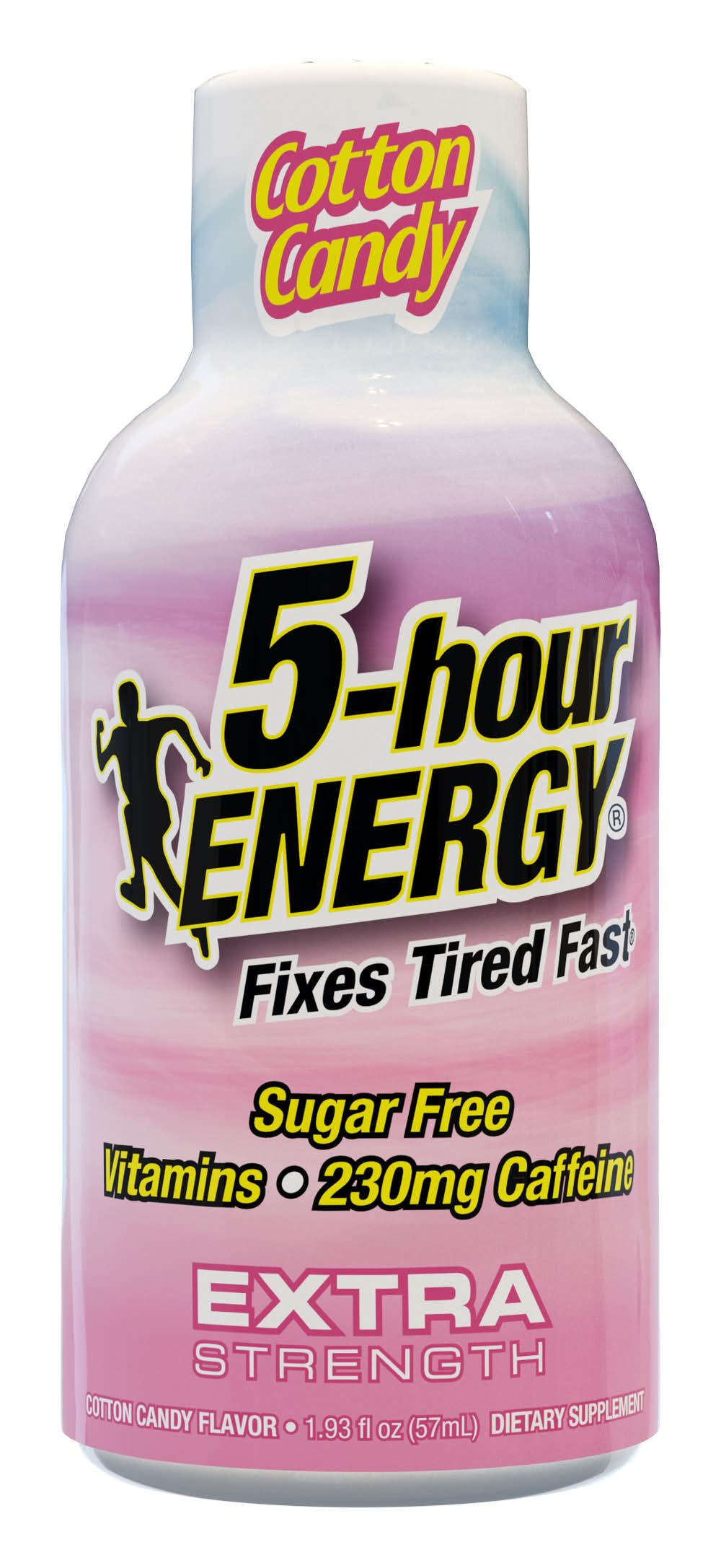 5-hour ENERGY Extra Strength bottle with pink label and Cotton Candy flavor text.
