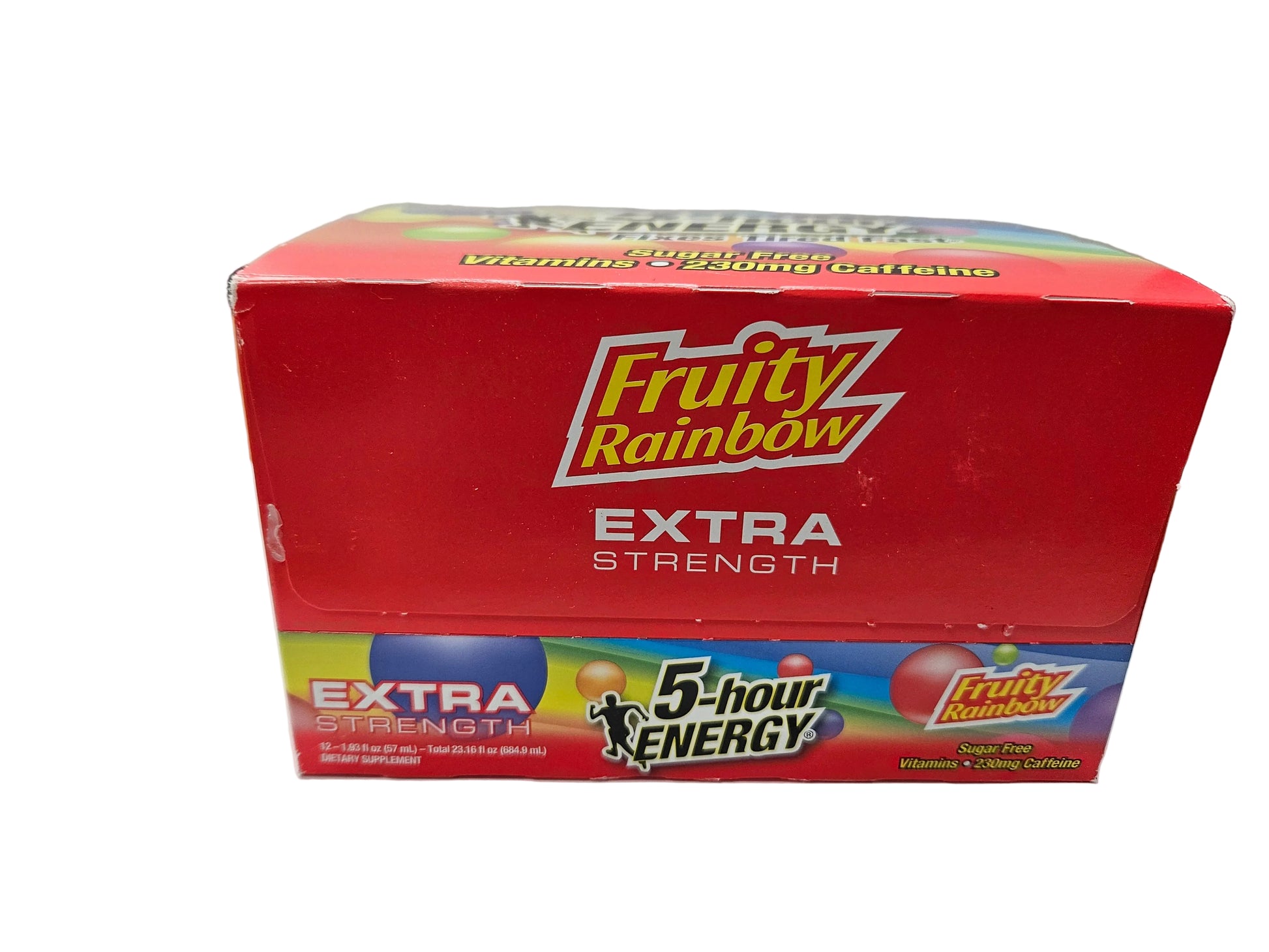 Box of Fruity Rainbow Extra Strength 5-Hour Energy on a white surface