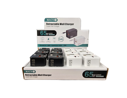 65W Dual Wall Plug Charger, w/Type C Retractable Wire 12pc Display