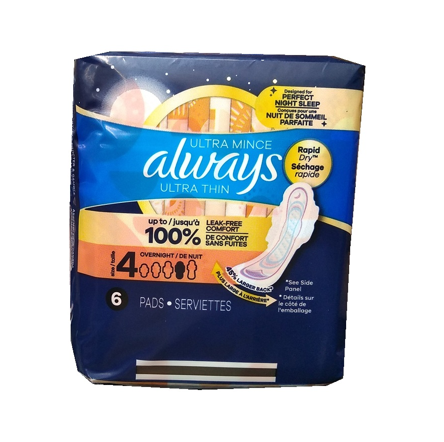 Always Ultra Thin w/Wings Overnight Size 4 6ct, 8/bx