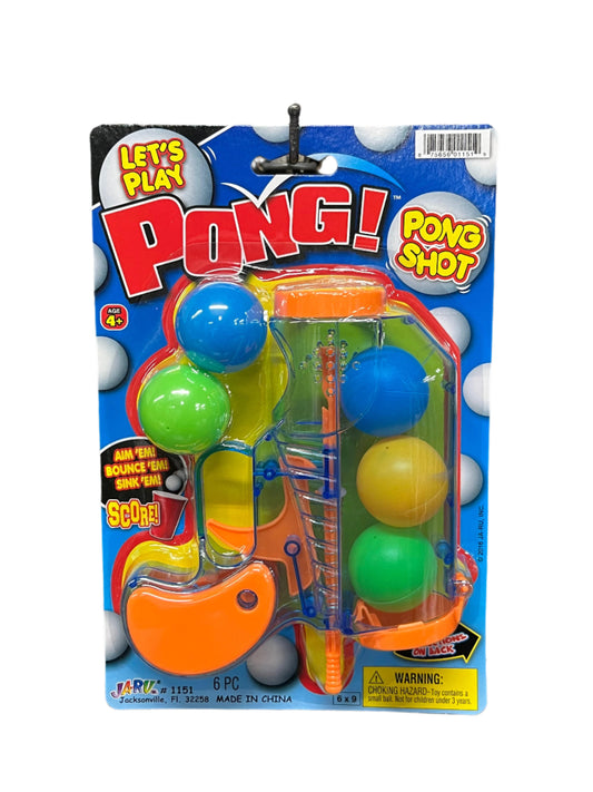 Pong! toy set packaging with colorful balls and a launcher 
