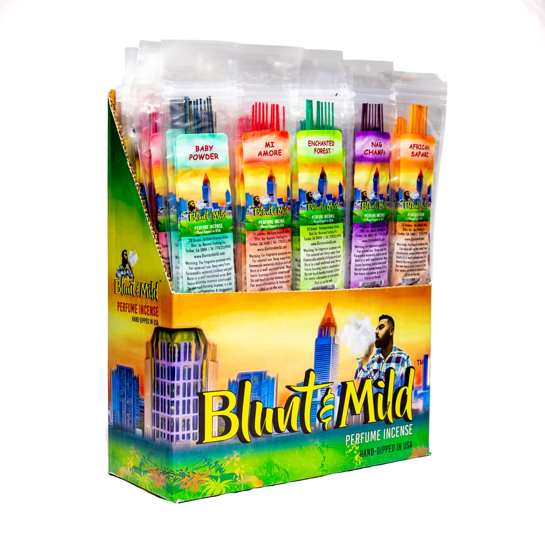 Display box of Blunts & Mild perfume incense with colorful packaging.
