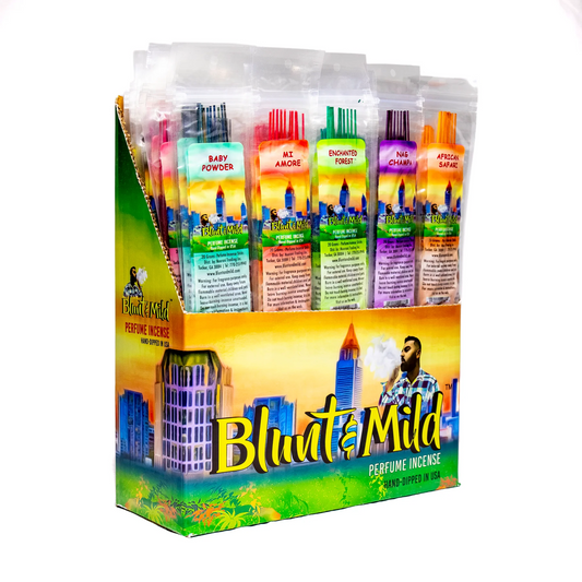 Display box of Blunts & Mild perfume incense with colorful packaging.