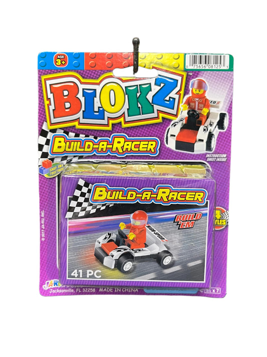 Packaged toy set with 'Blokz Build-A-Racer' branding 