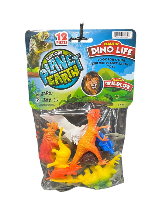Packaged toy dinosaurs with 'Explore Planet Earth' and 'Dino Life' 