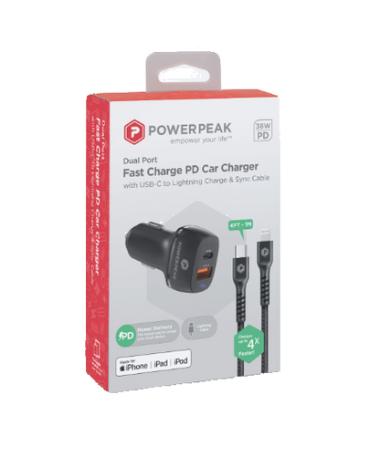 Dual Port PD Car Charger w/USB-C to Lighting 4ft Cable