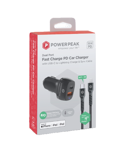 Dual Port PD Car Charger w/USB-C to Lighting 4ft Cable