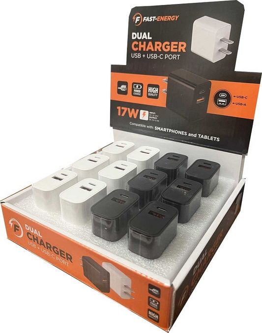 Fast Energy Dual Wall Plug Charger USB w/Type C 12pc Display