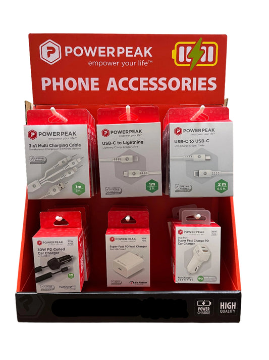 Display of PowerPeak phone accessories 