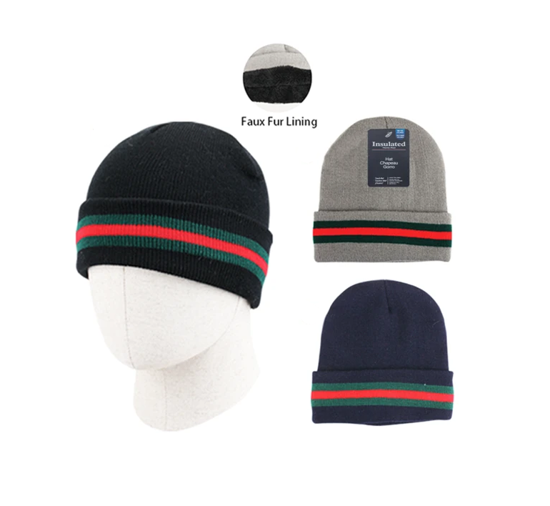 Insulated Men's Winter Stripe Beanie Hat With Fur Lining 12/bx