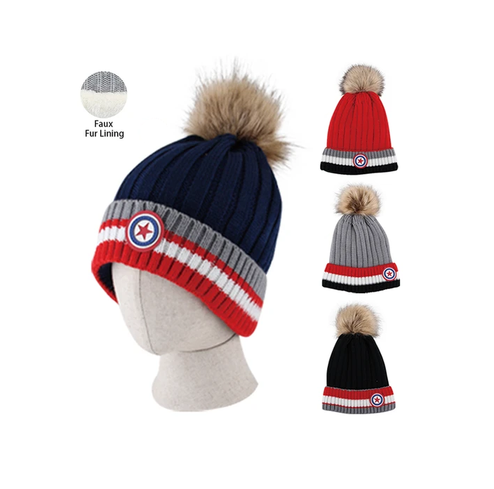 Kids Winter Pom Pom Hat With Fur Lining 12/bx