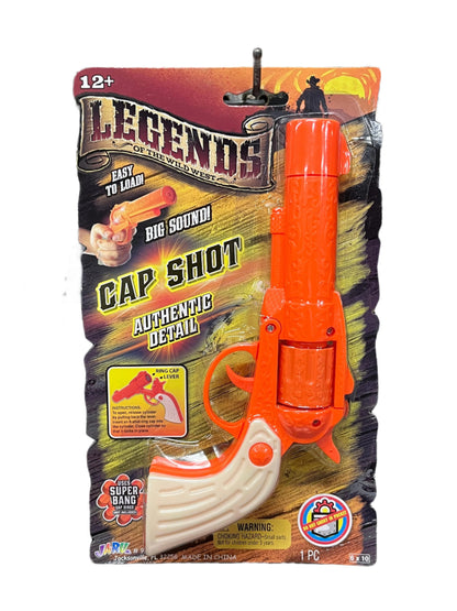 Orange toy gun in packaging with 'Legends' branding 