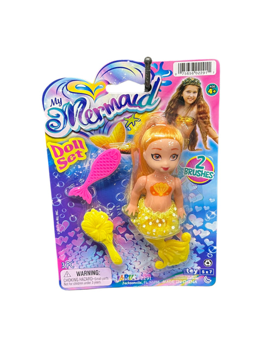 Mermaid doll set packaging with a doll, brushes, and accessories.