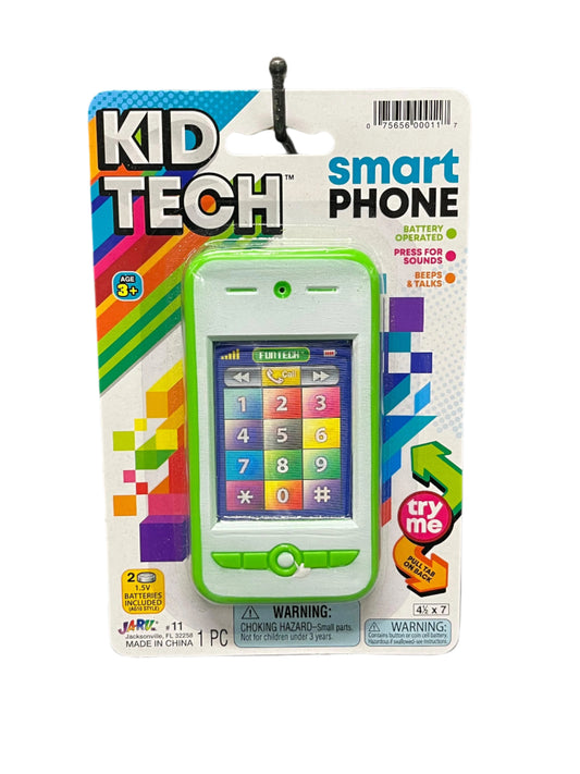 Packaged toy phone labeled 'KID TECH' 