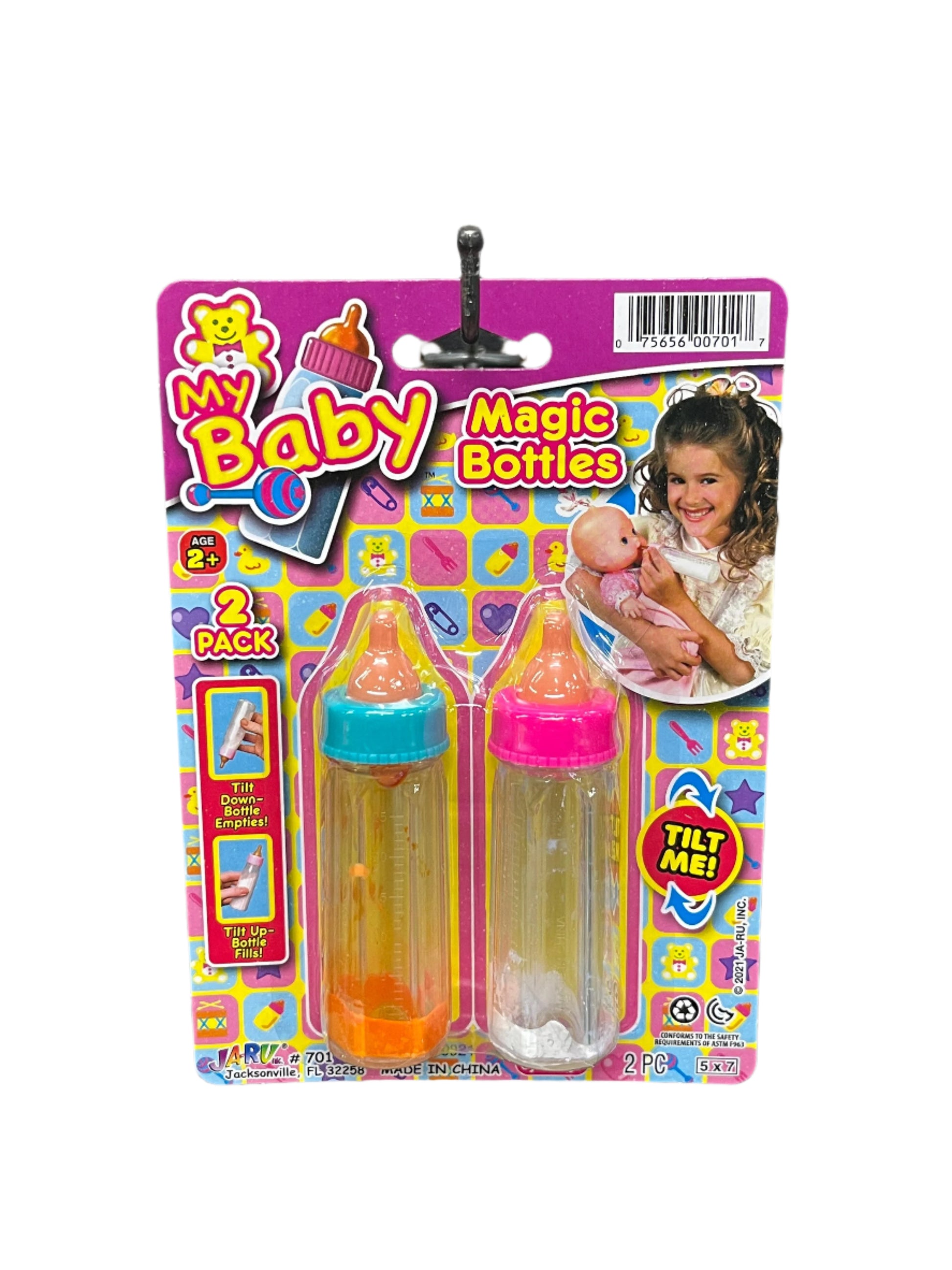 Packaged toy baby bottles with colorful design 