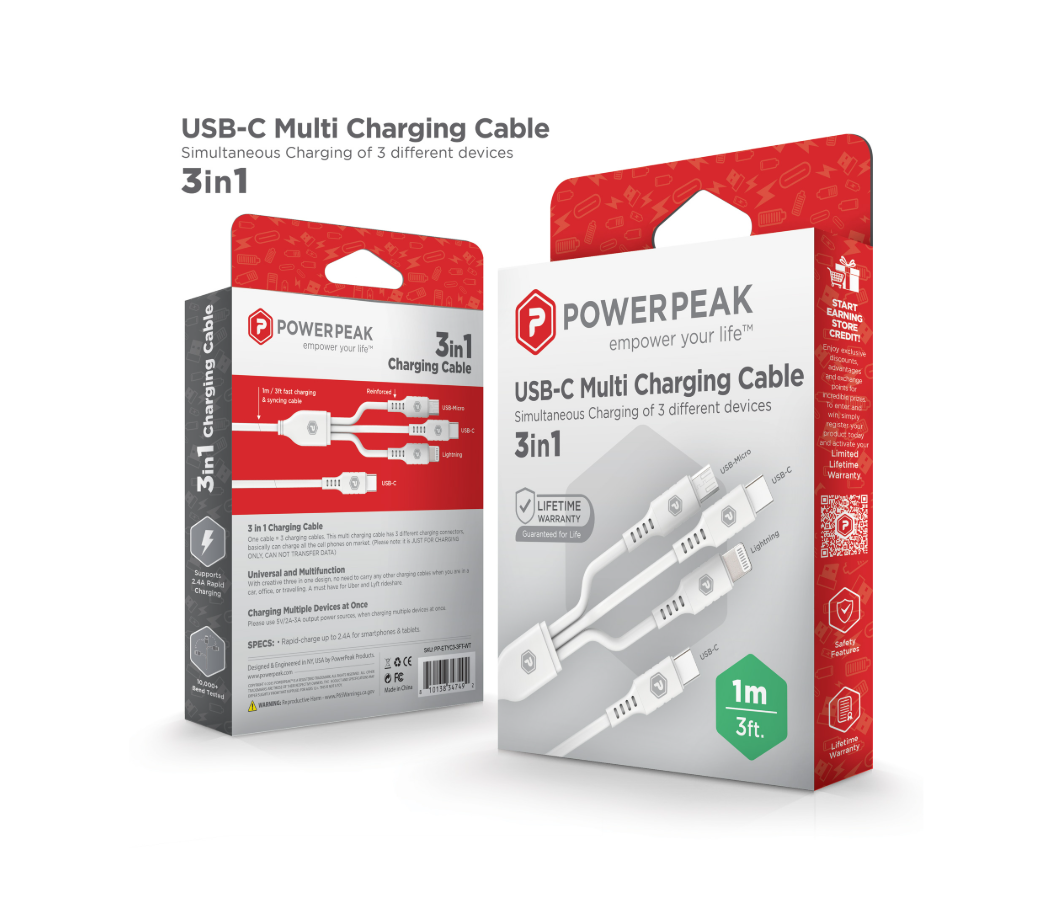 3 in 1 Cable 3ft USB-C to Micro, Lightning, and USB-C