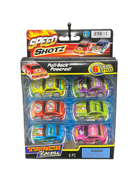 Packaged toy race cars with 'Speed Shotz' branding 