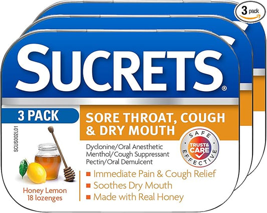Sucrets Honey Lemon 18ct, 3bx Sore Throat & Cough Lozenges