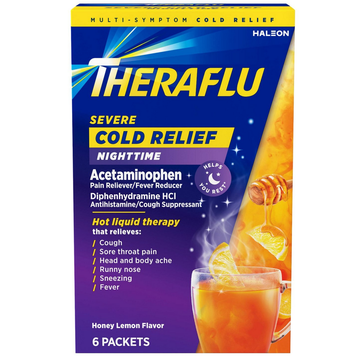 Theraflu Severe Cold Relief Nighttime Honey Lemon 6pk 3/bx
